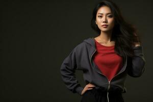 Aziatisch model- in gewoontjes kleren poseren in duidelijk solide studio achtergrond ai generatief foto