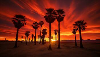 dramatisch palm boom silhouet van woestijn zonsondergang generatief ai foto