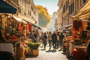 een foto van een bruisend straat markt in Rome ai generatief