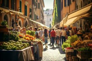 een foto van een bruisend straat markt in Rome ai generatief