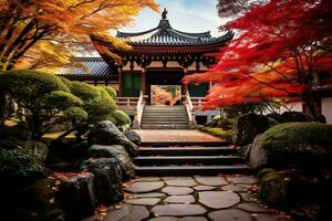 Kyoto tempel versierd met levendig herfst ai generatief foto