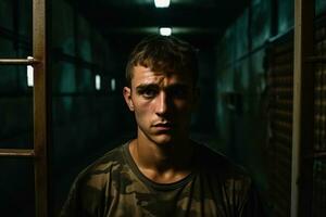 soldaat in kazerne weergeven emotioneel nood achtergrond met leeg ruimte voor tekst foto