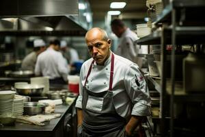 chef somber overweegt temidden van de chaos van een bezig professioneel keuken foto