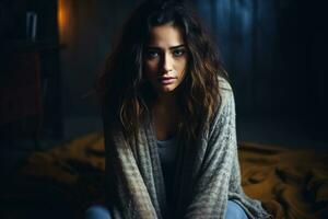 depressief jong vrouw in vaag lit kamer achtergrond met leeg ruimte voor tekst foto