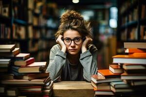 verdrietig vrouw temidden van boeken in een stil boekhandel achtergrond met leeg ruimte voor tekst foto
