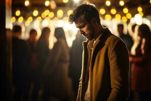 verdrietig individu verloren in gedachte ervaren melancholie in druk nachtclub foto