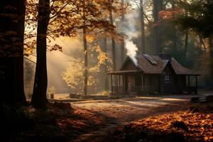 zonsopkomst over- een Woud landschap met herfst gebladerte ai generatief foto