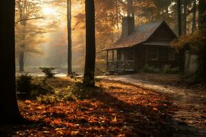 zonsopkomst over- een Woud landschap met herfst gebladerte ai generatief foto