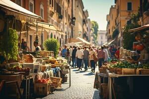 een foto van een bruisend straat markt in Rome ai generatief