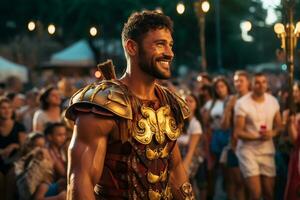 een straat performer gekleed net zo een Romeins gladiator een foto van een loper sprinten door een stad park ai generatief