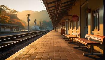 een stil trein station met een backdrop van bergen en pijnboom bomen ai generatief foto