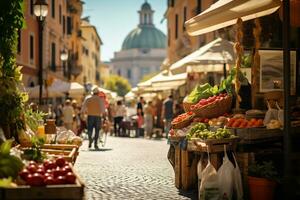 een foto van een bruisend straat markt in Rome ai generatief