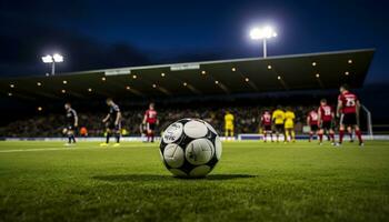 foto van een bal in de midden- van een voetbal veld- generatief ai