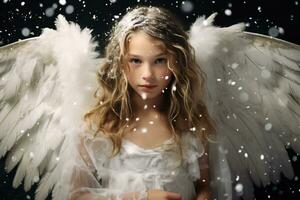 onschuldig jong meisje met lang blond haar- met engel vleugel ai generatief foto