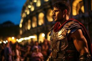 een straat performer gekleed net zo een Romeins gladiator een foto van een loper sprinten door een stad park ai generatief