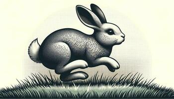 een konijn in een speels houding weergegeven in een halftone effect. ai generatief foto