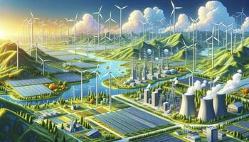 een futuristische landschap met zonne- boerderijen, wind turbines, en hydro-elektrisch planten, markeren een levendig wereld waar hernieuwbaar energie is een integraal een deel van samenleving. ai gegenereerd foto