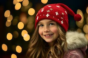 vrolijk meisje genieten van Kerstmis viering in winter kleding ai generatief foto
