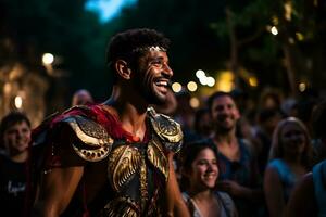 een straat performer gekleed net zo een Romeins gladiator een foto van een loper sprinten door een stad park ai generatief