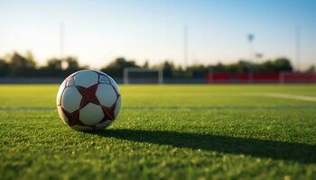 foto van een bal in de midden- van een voetbal veld- generatief ai