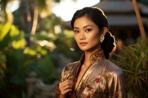 Aziatisch meisje vervelend traditioneel kleding straalt uit natuurlijk schoonheid generatief ai foto