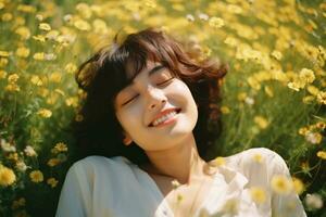 Aziatisch meisje aan het liegen in een weide vol van bloemen generatief ai foto