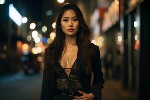 Aziatisch meisje met modieus kleding poseren in bruisend stad generatief ai foto