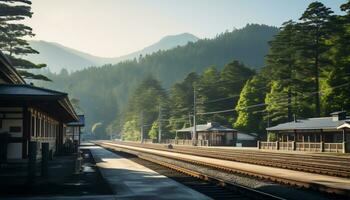 een stil trein station met een backdrop van bergen en pijnboom bomen ai generatief foto