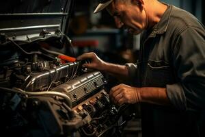 geschoold monteur werken in automotive reparatie winkel ai generatief foto