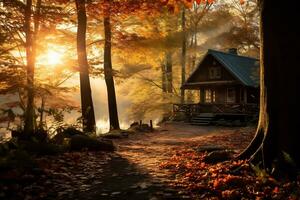 zonsopkomst over- een Woud landschap met herfst gebladerte ai generatief foto