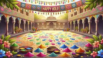 holi festival vitrines een binnenplaats gevulde met kleurrijk handafdrukken. ai generatief foto