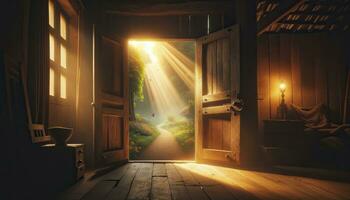 een oud houten deur een beetje open, onthullend een levendig tuin buiten. ai generatief foto