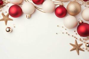Kerstmis samenstelling. Kerstmis ballen, beige en rood decoraties Aan wit achtergrond. vlak leggen, top visie, kopiëren ruimte. generatief ai. foto
