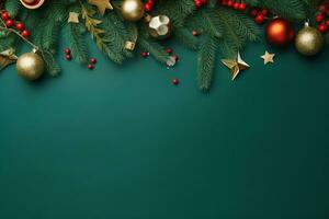 vrolijk kerst.stijlvol Kerstmis grens met feestelijk decoraties, confetti, Spar takken Aan groen achtergrond. Kerstmis vlak leggen, seizoenen groeten kaart sjabloon, ruimte voor tekst. generatief ai. foto