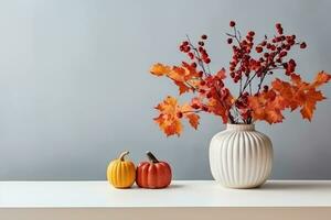 huis interieur met decor elementen. kleurrijk herfst bladeren in een vaas Aan een licht achtergrond. bespotten omhoog voor weergeven werken. generatief ai. foto