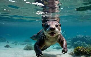 speels Otter duiken en spatten in de kristalhelder meer ai gegenereerd foto