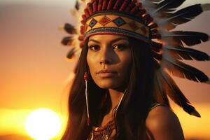 inheems Amerikaans Mens Indisch stam portret in voorkant van natuur foto