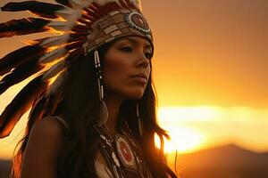 inheems Amerikaans Mens Indisch stam portret in voorkant van natuur foto