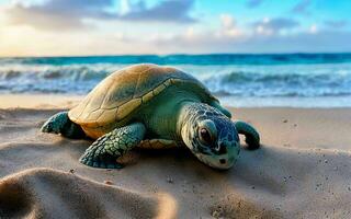 de ongelooflijk reis schildpadden aan boord gaan Aan een kust- avontuur ai gegenereerd foto