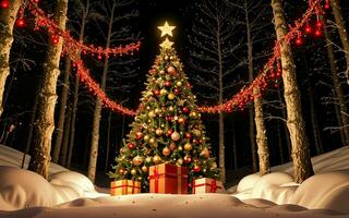 betoverd Kerstmis Woud verlichte bomen besneeuwd vlokken en feestelijk cadeaus foto