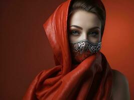 mode Dames vervelend masker vervelend rood jurk in studio rood achtergrond. generatief ai foto