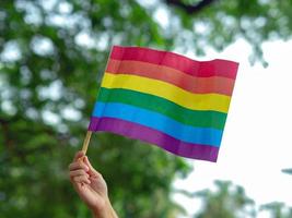 een hand houdt een regenboogvlag van de lgbtq-beweging vast, groen op de achtergrond foto