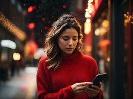 mooi Dames in rood jurk gebruik makend van de telefoon. generatief ai foto