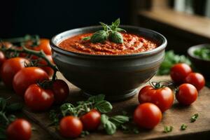 een kom van soep met een kom van tomaten en paprika's. generatief ai foto