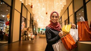 ai generatief mensen van verschillend etniciteit, leeftijd en geslacht Holding Kerstmis boodschappen doen geschenk Tassen in winkelcentrum allemaal over- de wereld foto