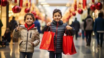 ai generatief mensen van verschillend etniciteit, leeftijd en geslacht Holding Kerstmis boodschappen doen geschenk Tassen in winkelcentrum allemaal over- de wereld foto