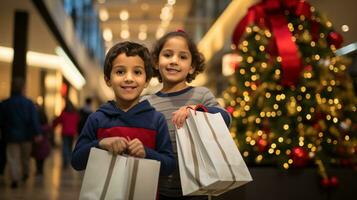 ai generatief mensen van verschillend etniciteit, leeftijd en geslacht Holding Kerstmis boodschappen doen geschenk Tassen in winkelcentrum allemaal over- de wereld foto