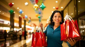 ai generatief mensen van verschillend etniciteit, leeftijd en geslacht Holding Kerstmis boodschappen doen geschenk Tassen in winkelcentrum allemaal over- de wereld foto