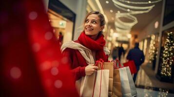 ai generatief mensen van verschillend etniciteit, leeftijd en geslacht Holding Kerstmis boodschappen doen geschenk Tassen in winkelcentrum allemaal over- de wereld foto