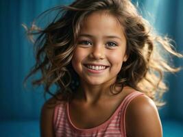 portret van een schattig mooi tiener meisje met lang haar- en schattig glimlach in blauw achtergrond in de studio. generatief ai foto